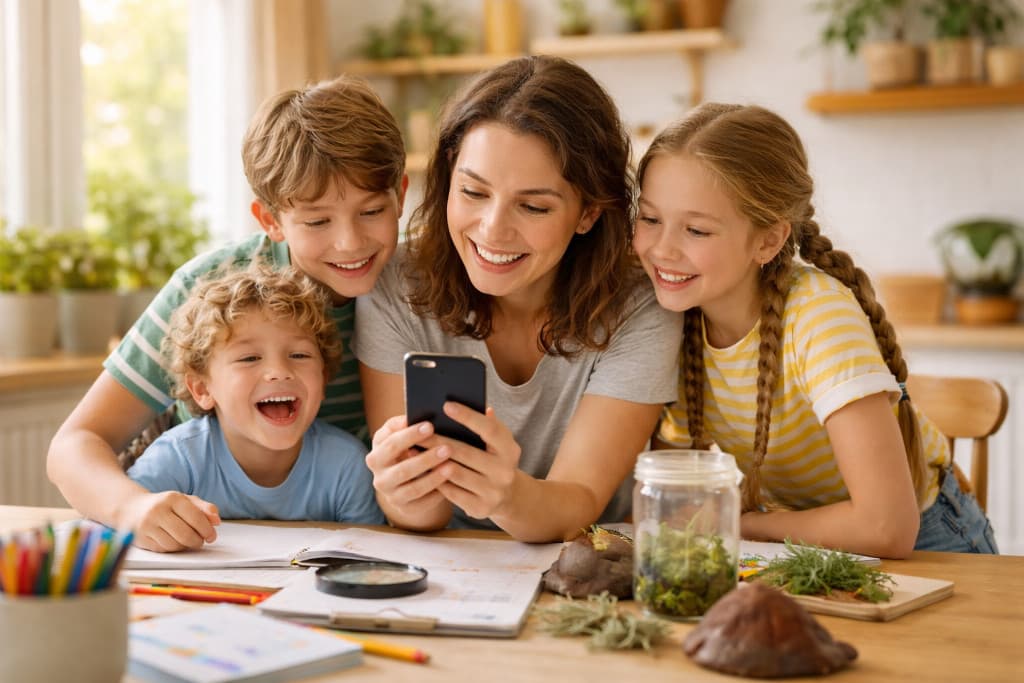 Parent and child homeschooling together at wooden dining table with laptop, soft natural lighting from window, plants and books in background