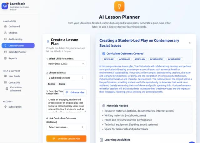 Add learning form interface showing subject selection and curriculum outcomes